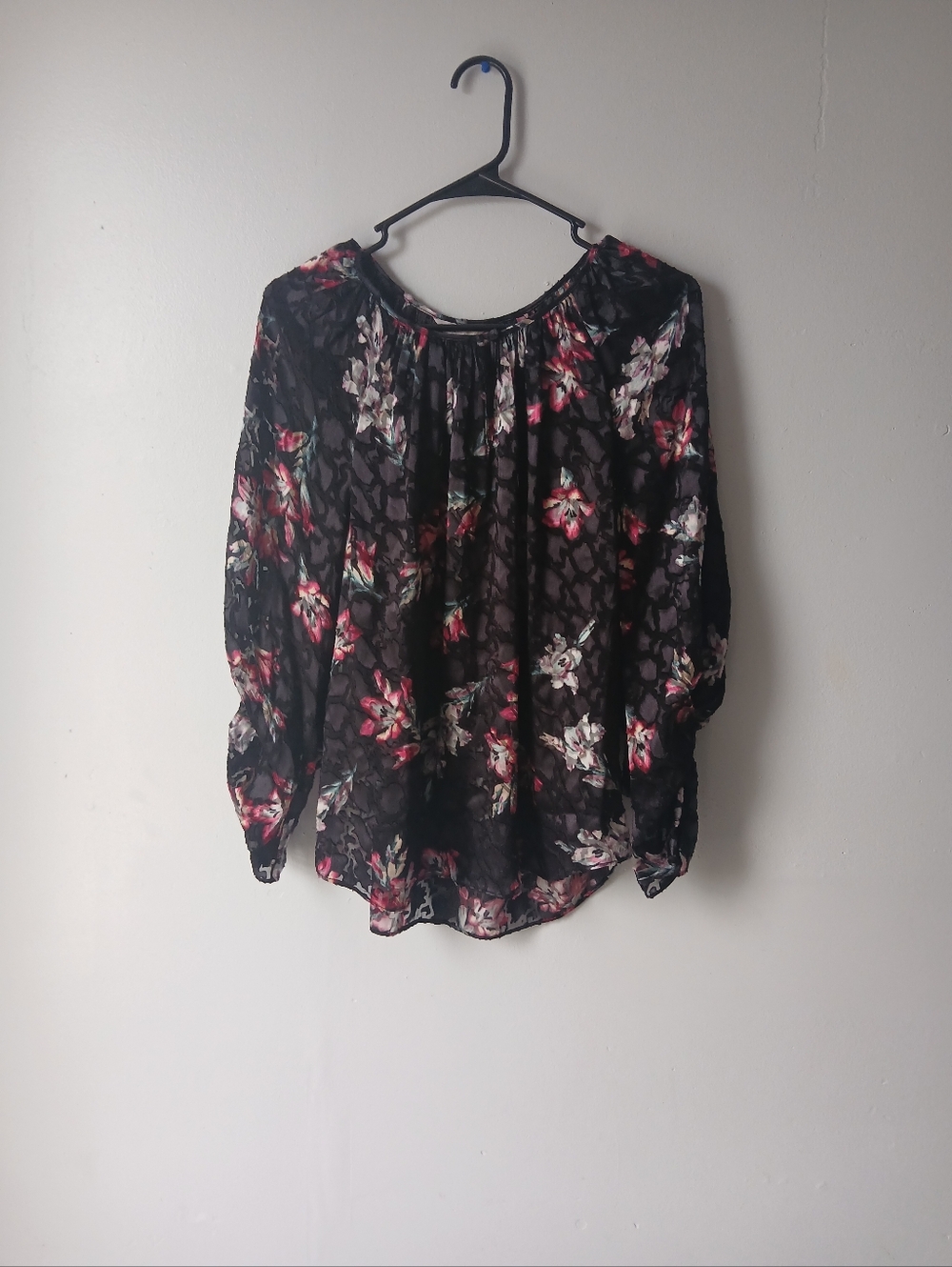 Rebecca Taylor Black Floral Peasant Blouse with Pink & White Blooms